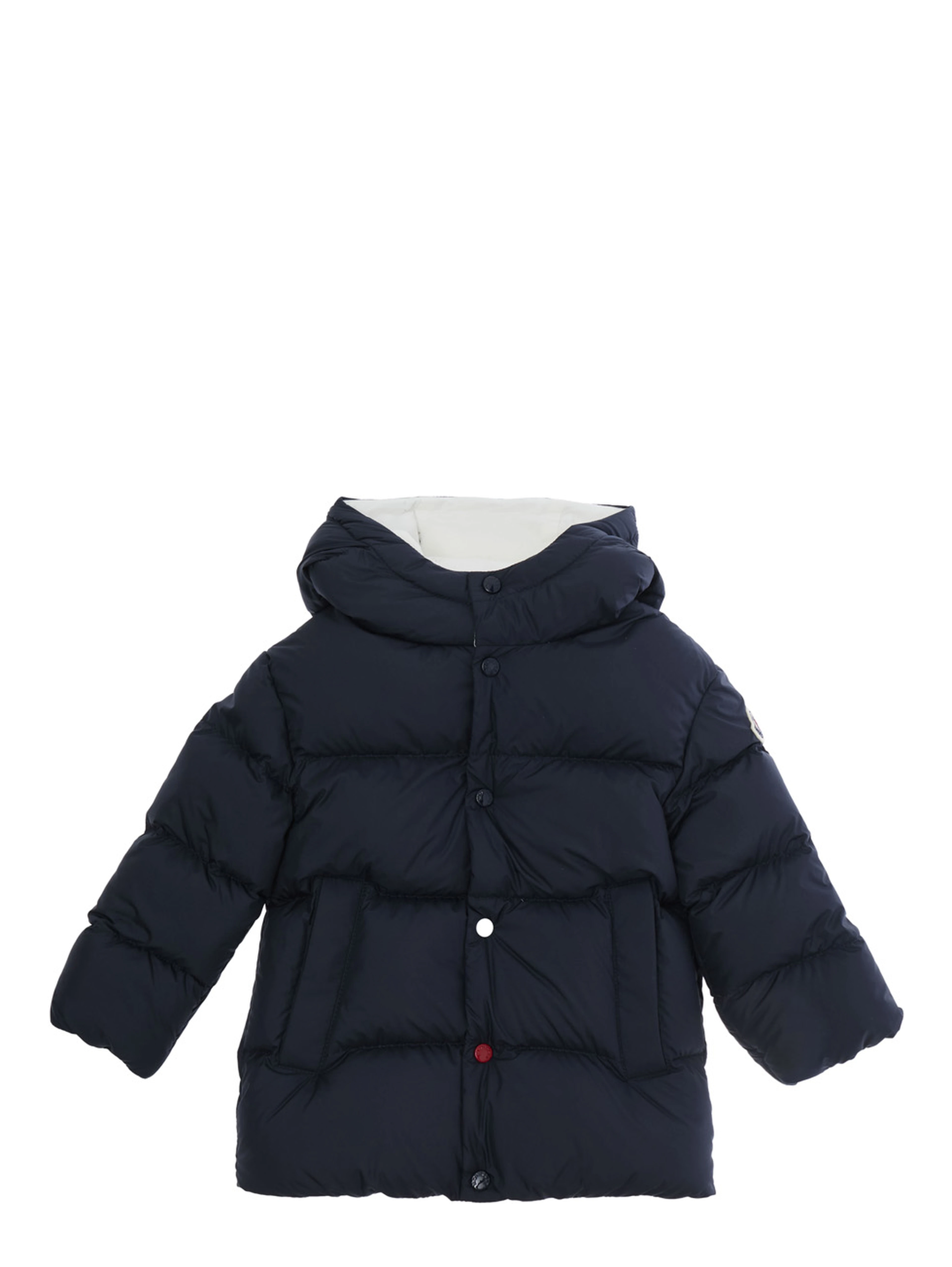 Blue Short Parka with Hood and Logo Patch on Sleeve in Tech Fabric Baby