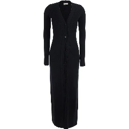 Black Long Dress with High Fur Collar in Wool for Women