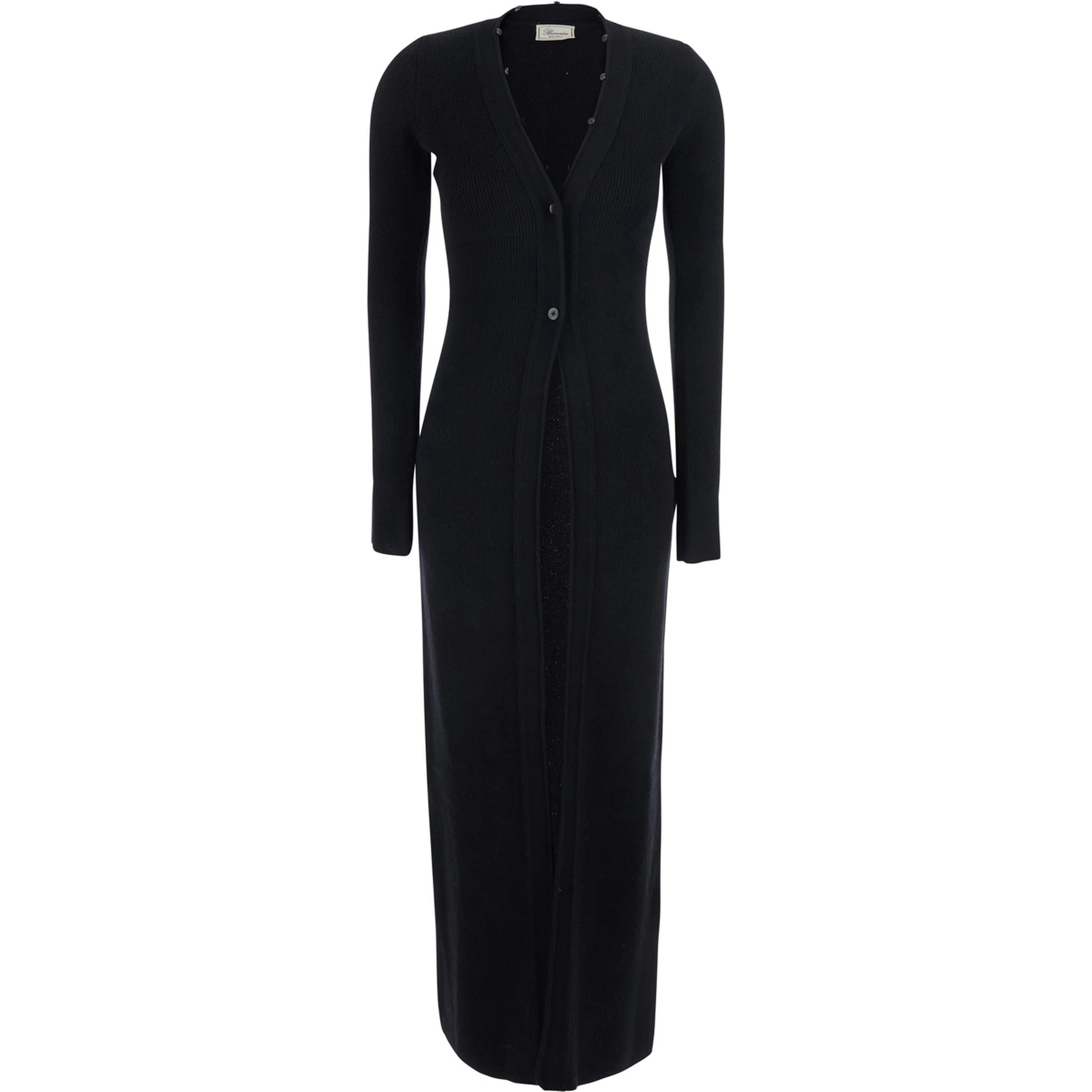 Black Long Dress with High Fur Collar in Wool for Women