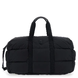 Black Suitcase with Adjustable Shoulder Strap and Logo Patch on Front in Fabric for Men