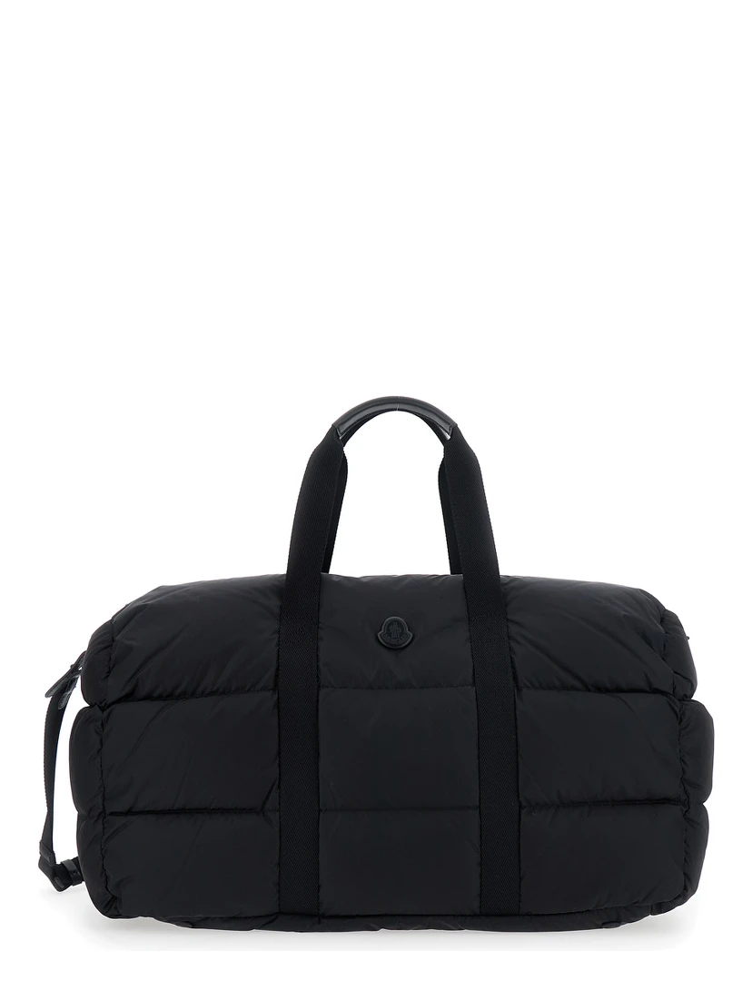 Black Suitcase with Adjustable Shoulder Strap and Logo Patch on Front in Fabric for Men