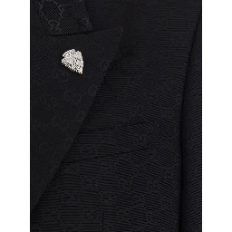 Black Double-breasted Jacket with Peak Revers and GG Motif in Cotton Blend for Men