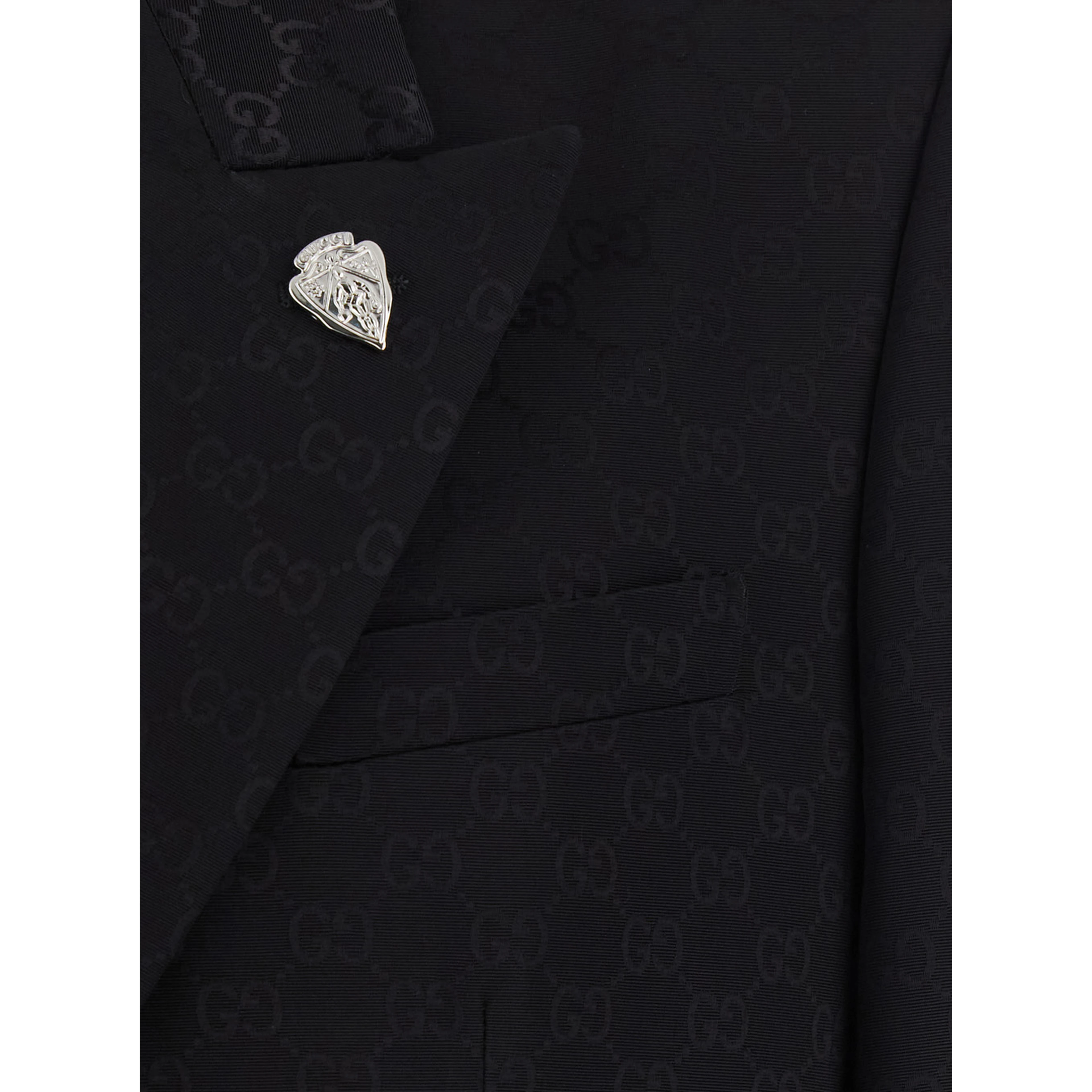 Black Double-breasted Jacket with Peak Revers and GG Motif in Cotton Blend for Men