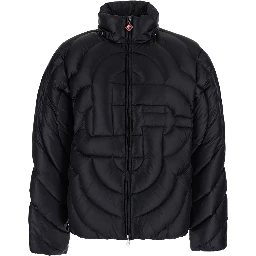 Black Down jacket with fixed hood and Monogram design in Tech Fabric for Men