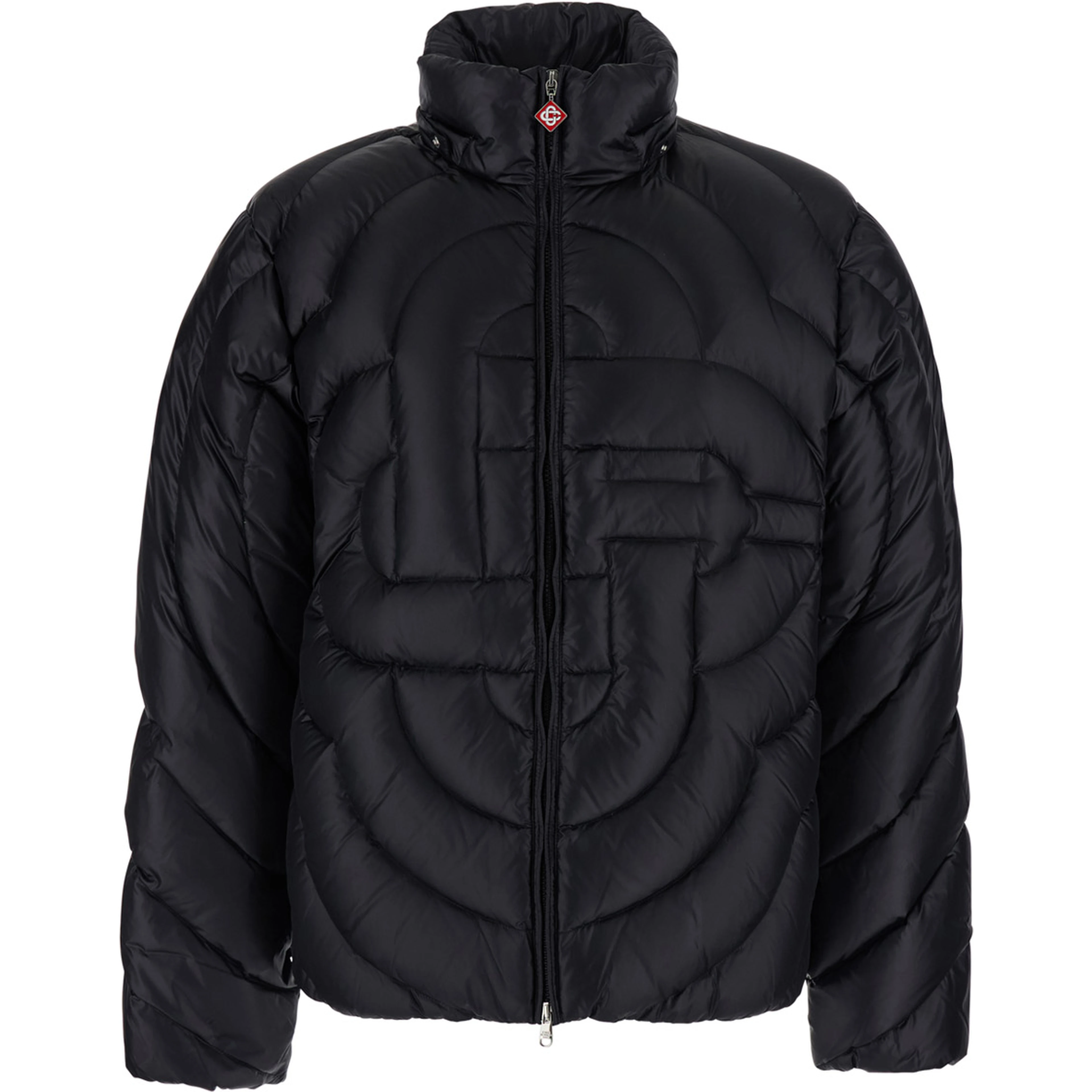 Black Down jacket with fixed hood and Monogram design in Tech Fabric for Men