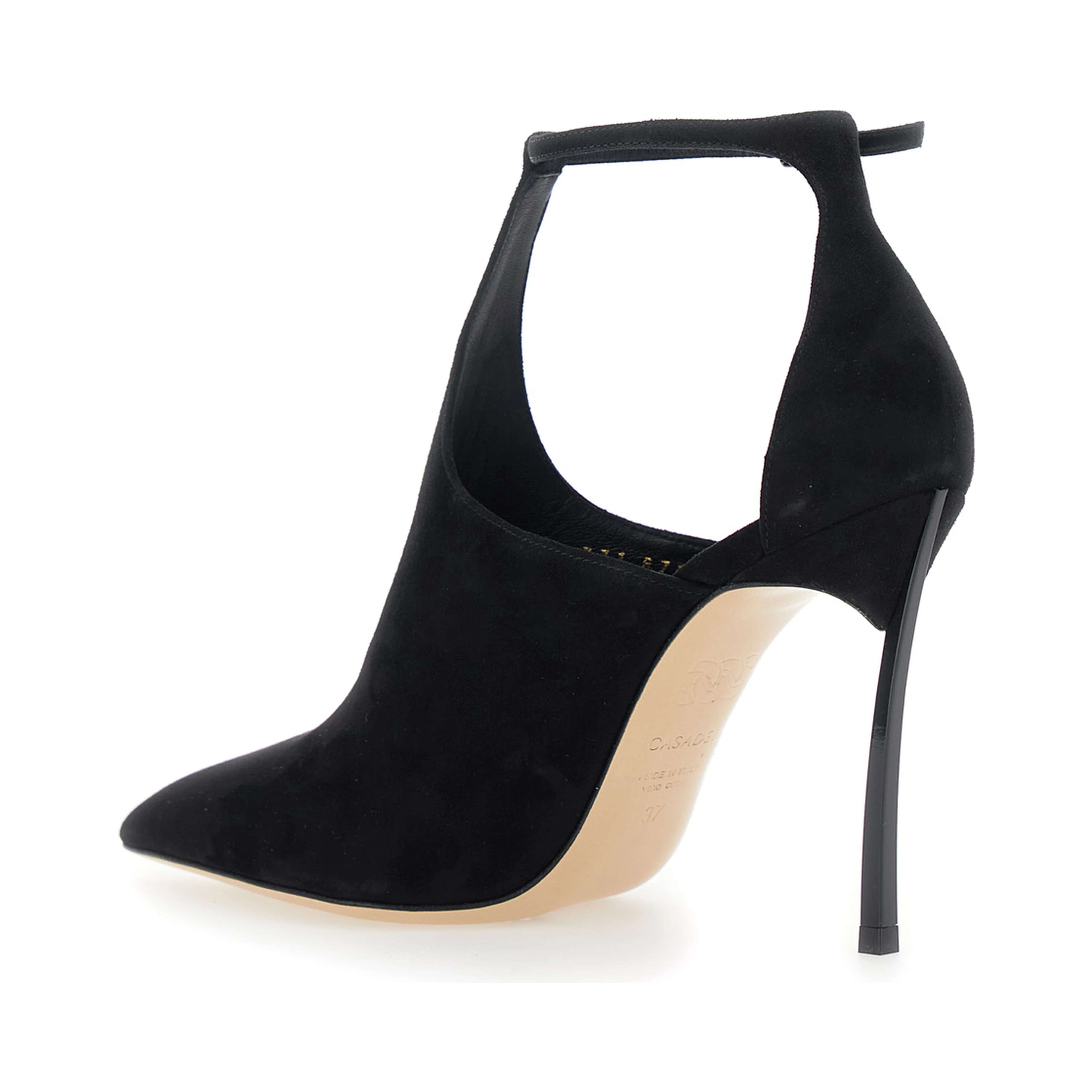 Pumps with high heel and pointed toe in black suede for women