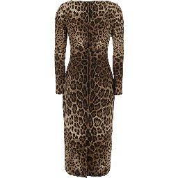 Brown Midi Dress with Square Neckline and All-Over Leopard Motif in Stretch Viscose for Women