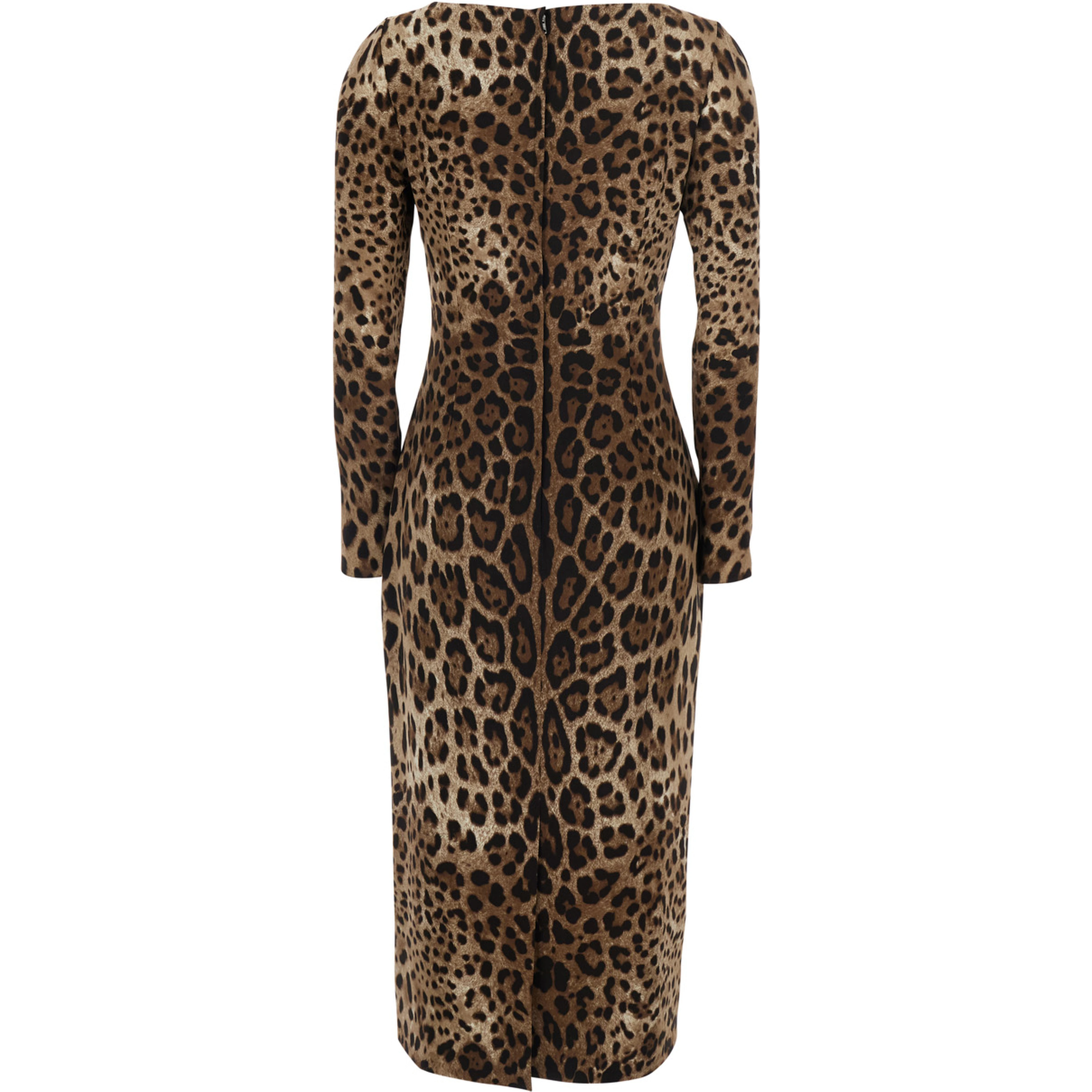 Brown Midi Dress with Square Neckline and All-Over Leopard Motif in Stretch Viscose for Women