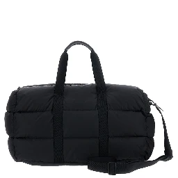 Black Suitcase with Adjustable Shoulder Strap and Logo Patch on Front in Fabric for Men