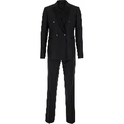 Black Double-Breasted Suit with Peak Lapels in Wool and Silk for Men