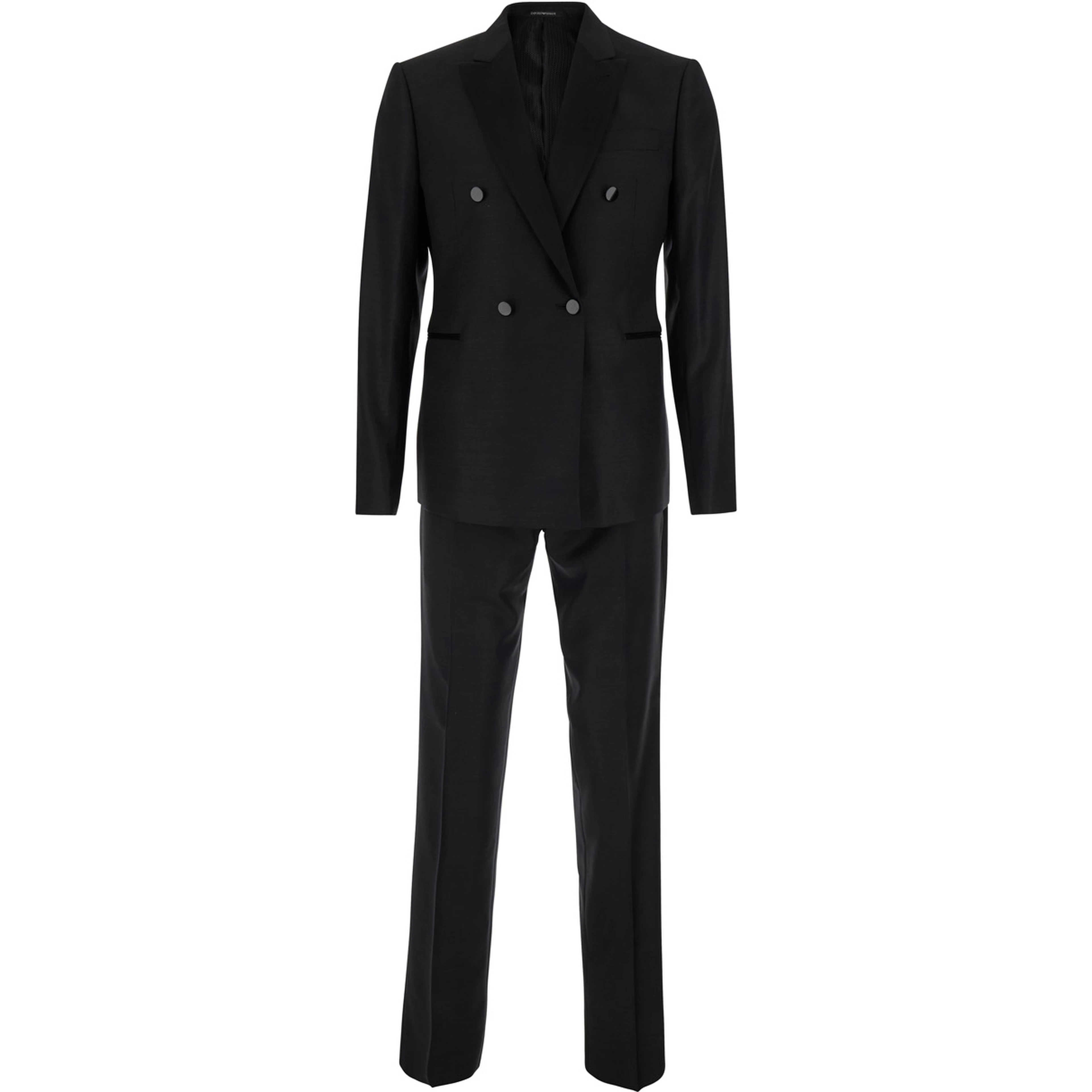 Black Double-Breasted Suit with Peak Lapels in Wool and Silk for Men