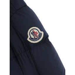 Blue Short Parka with Hood and Logo Patch on Sleeve in Tech Fabric Baby