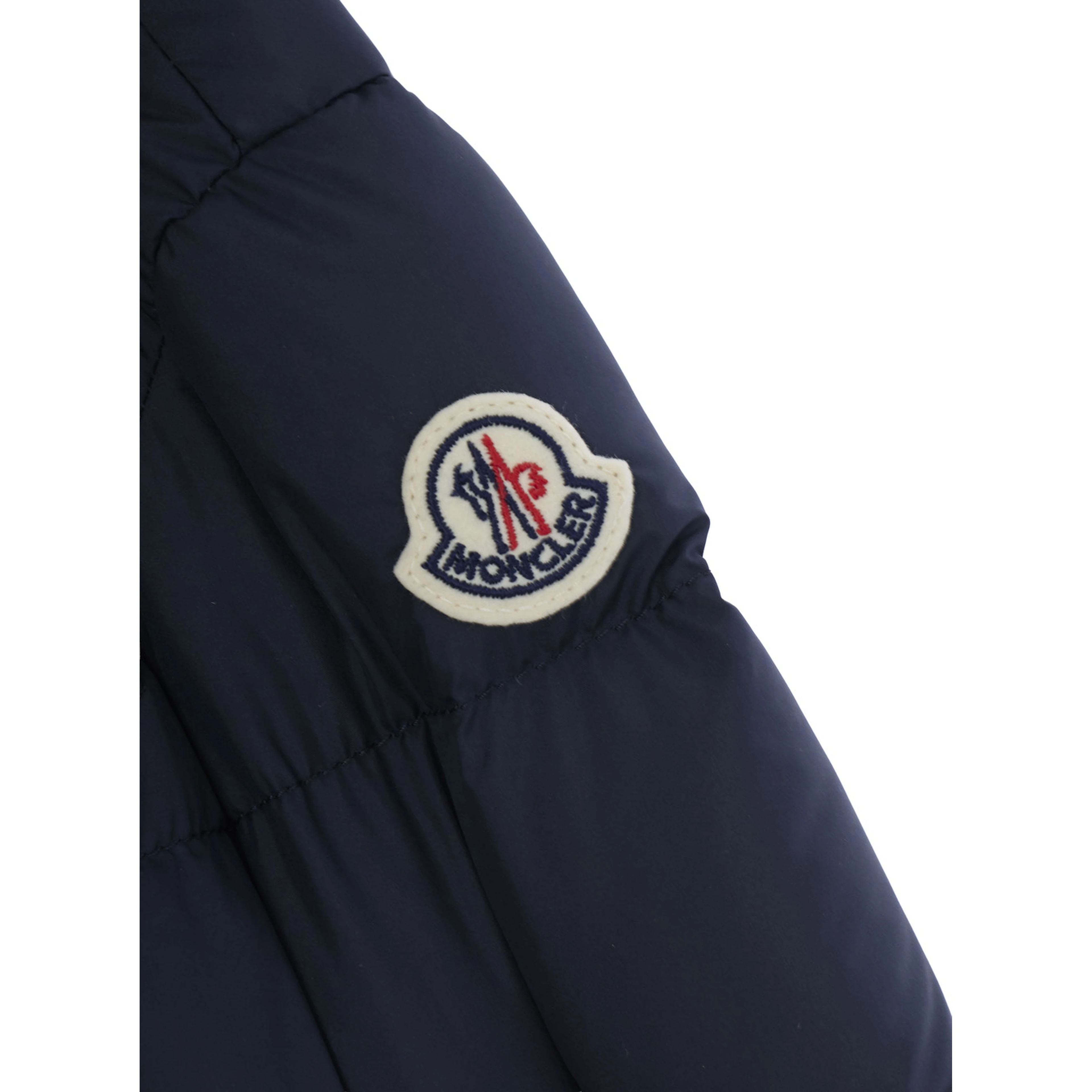 Blue Short Parka with Hood and Logo Patch on Sleeve in Tech Fabric Baby
