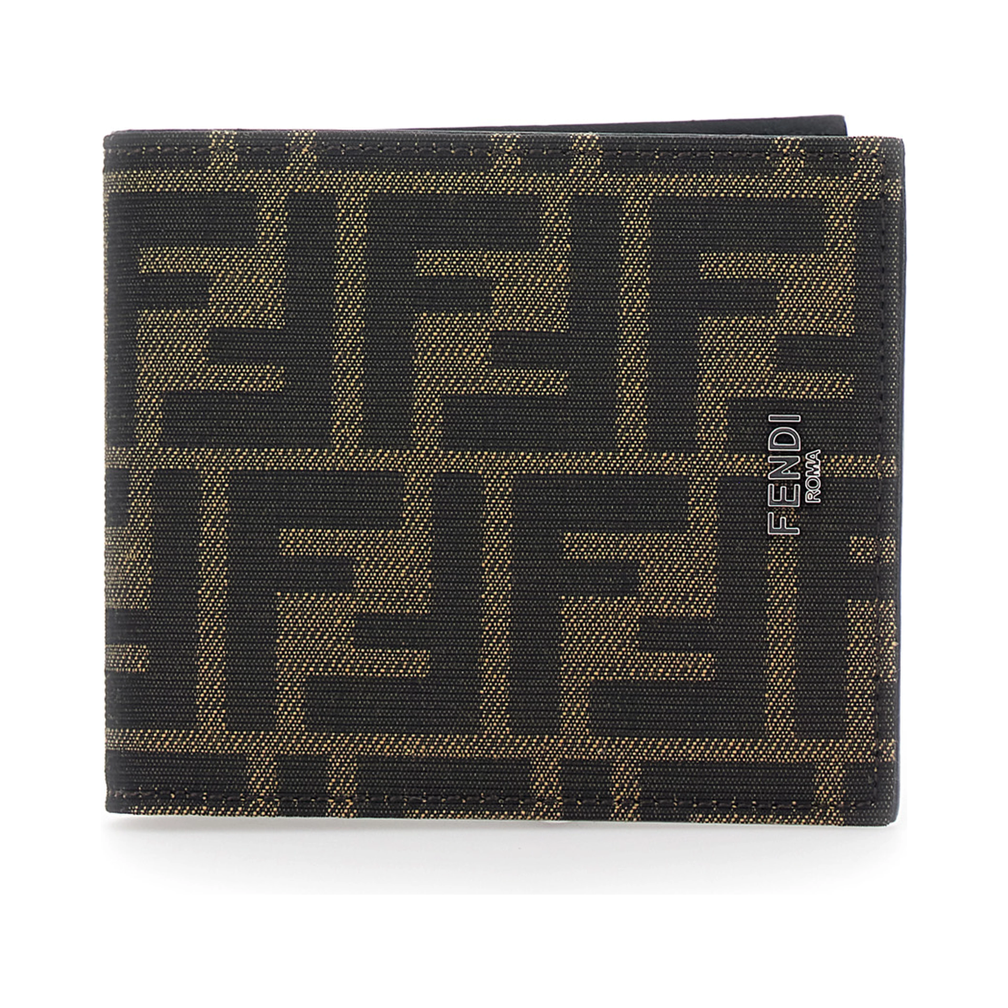 Brown and Tobacco Leather Bi-Fold Wallet with Fendi Roma Lettering for Men