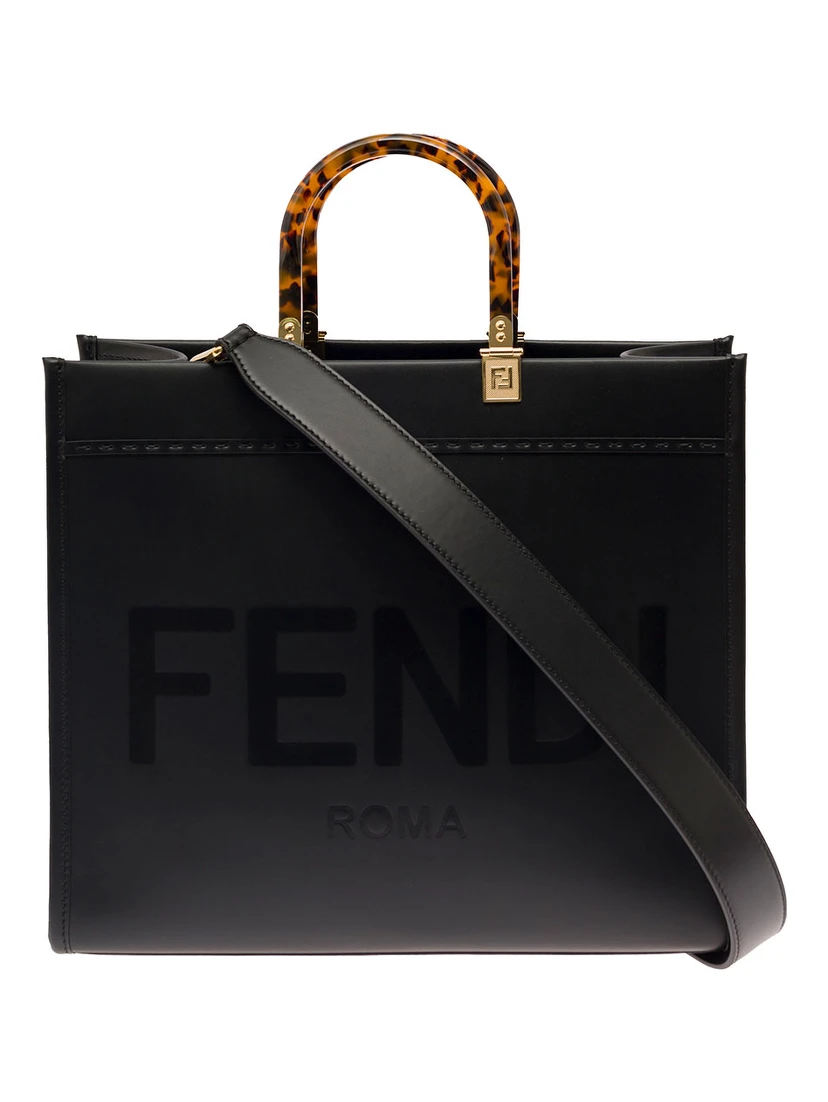 Handbag Sunshine with Embossed Logo and Turtle Effect Handle in Black Leather for Women
