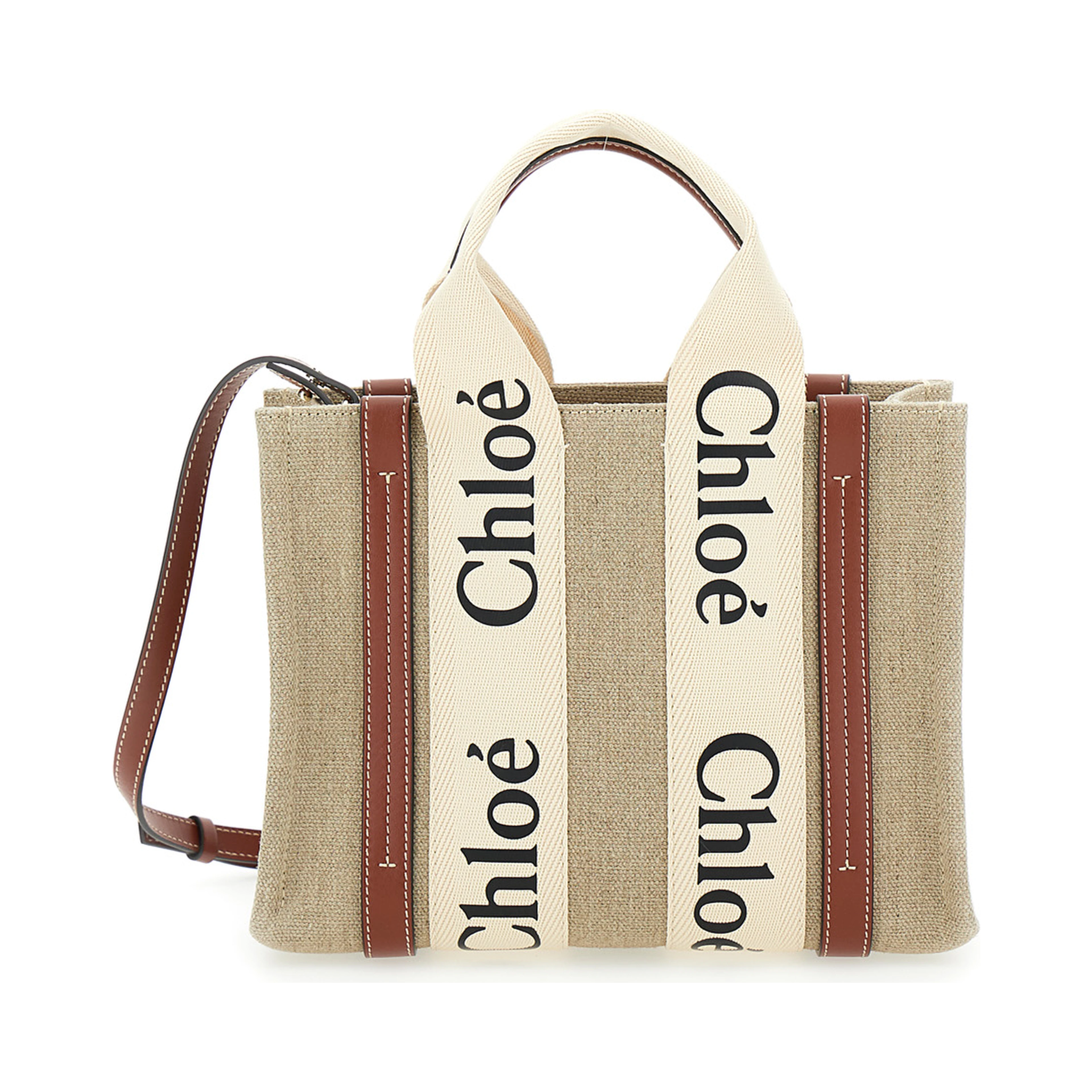 Tote bag Woody with Logoed Straps in Canvas and Leather Beige Woman