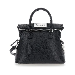 Handbag with applied logo patch and keys on the side in black leather for women