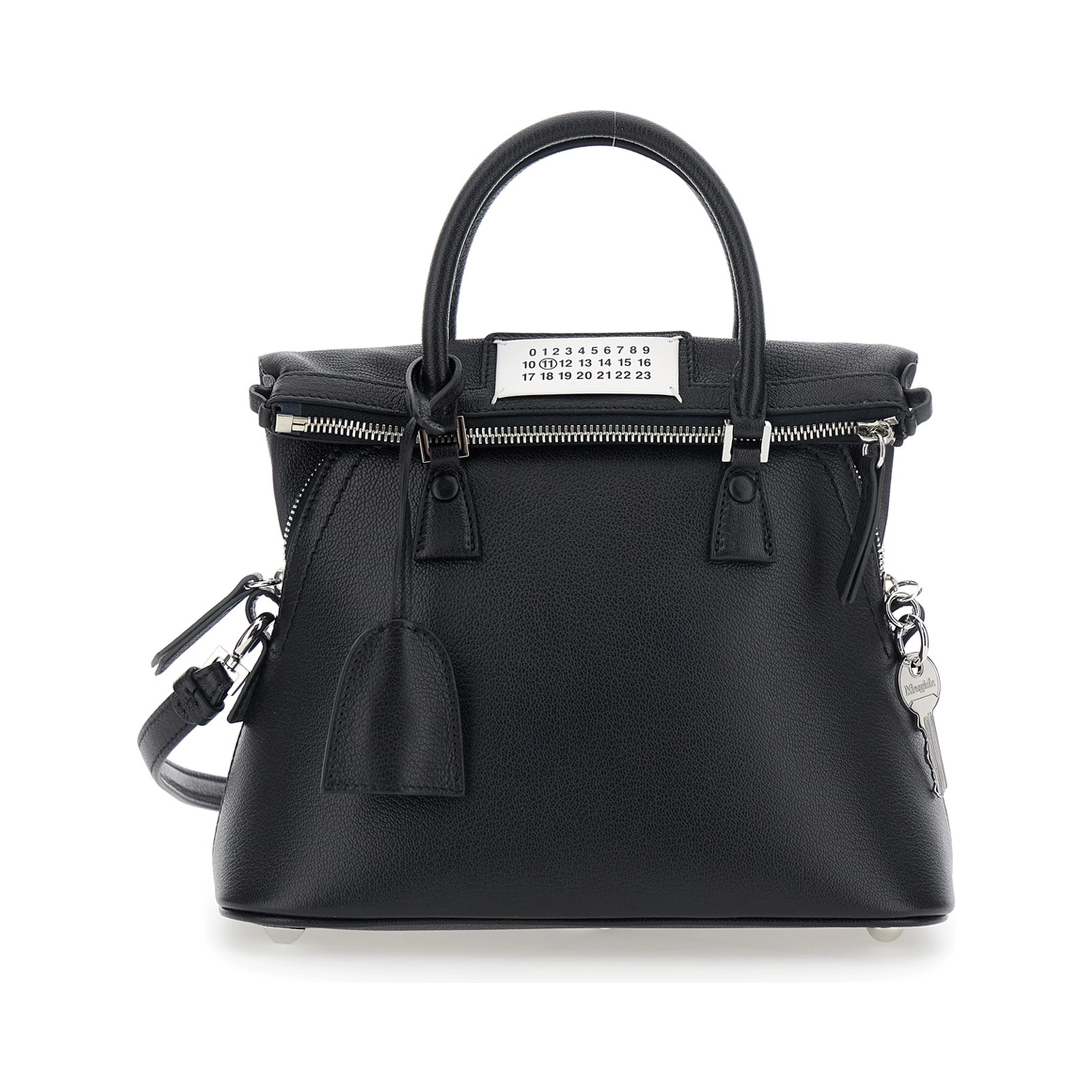 Handbag with applied logo patch and keys on the side in black leather for women