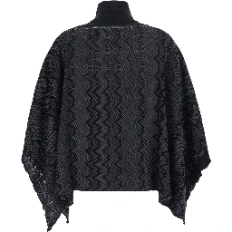 Poncho with High Collar and Poncho Sleeves in Black Tech Fabric for Women