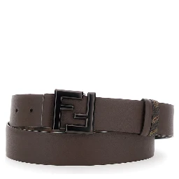 Belt with FF Metallica Logo Plate and Brown Leather Front for Men