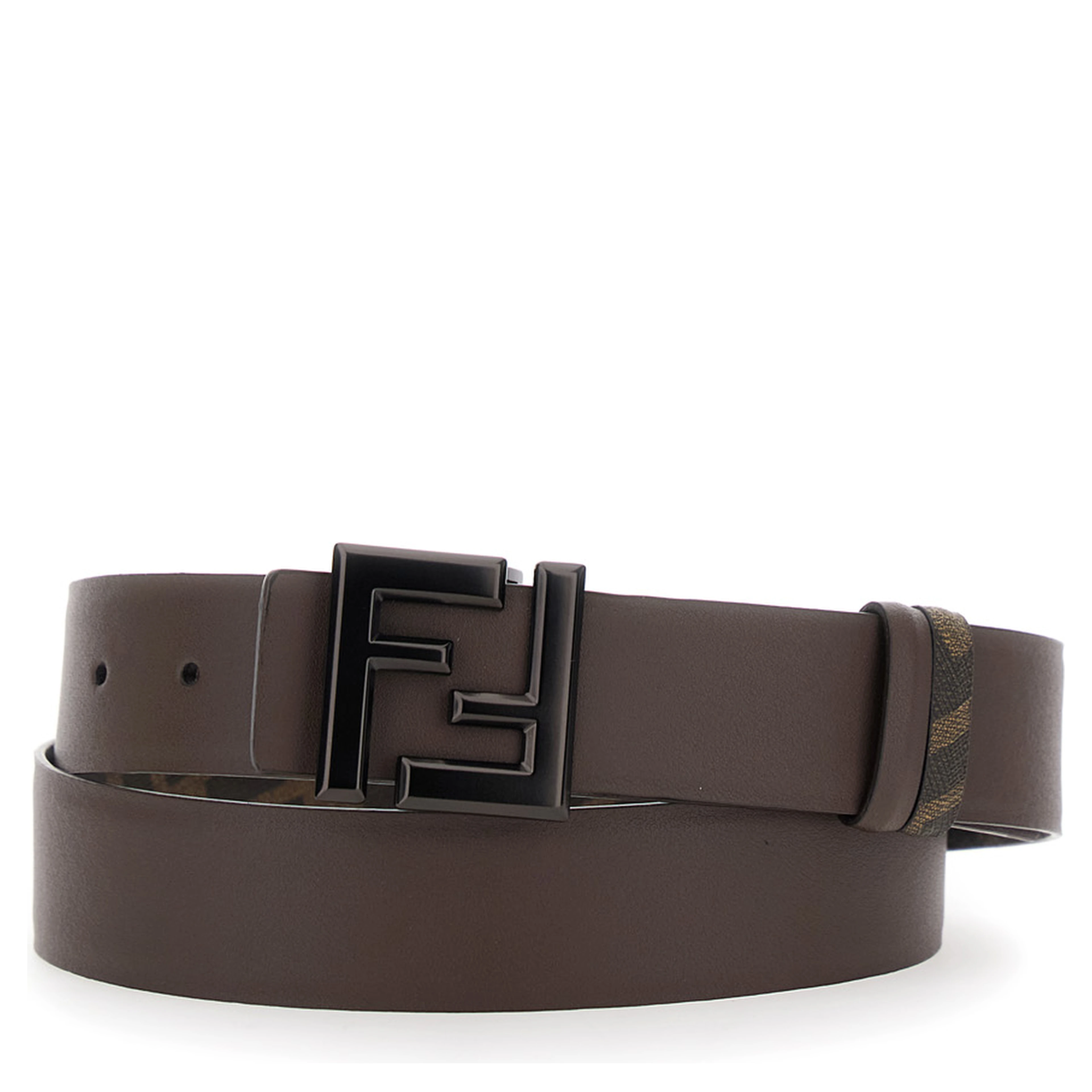 Belt with FF Metallica Logo Plate and Brown Leather Front for Men