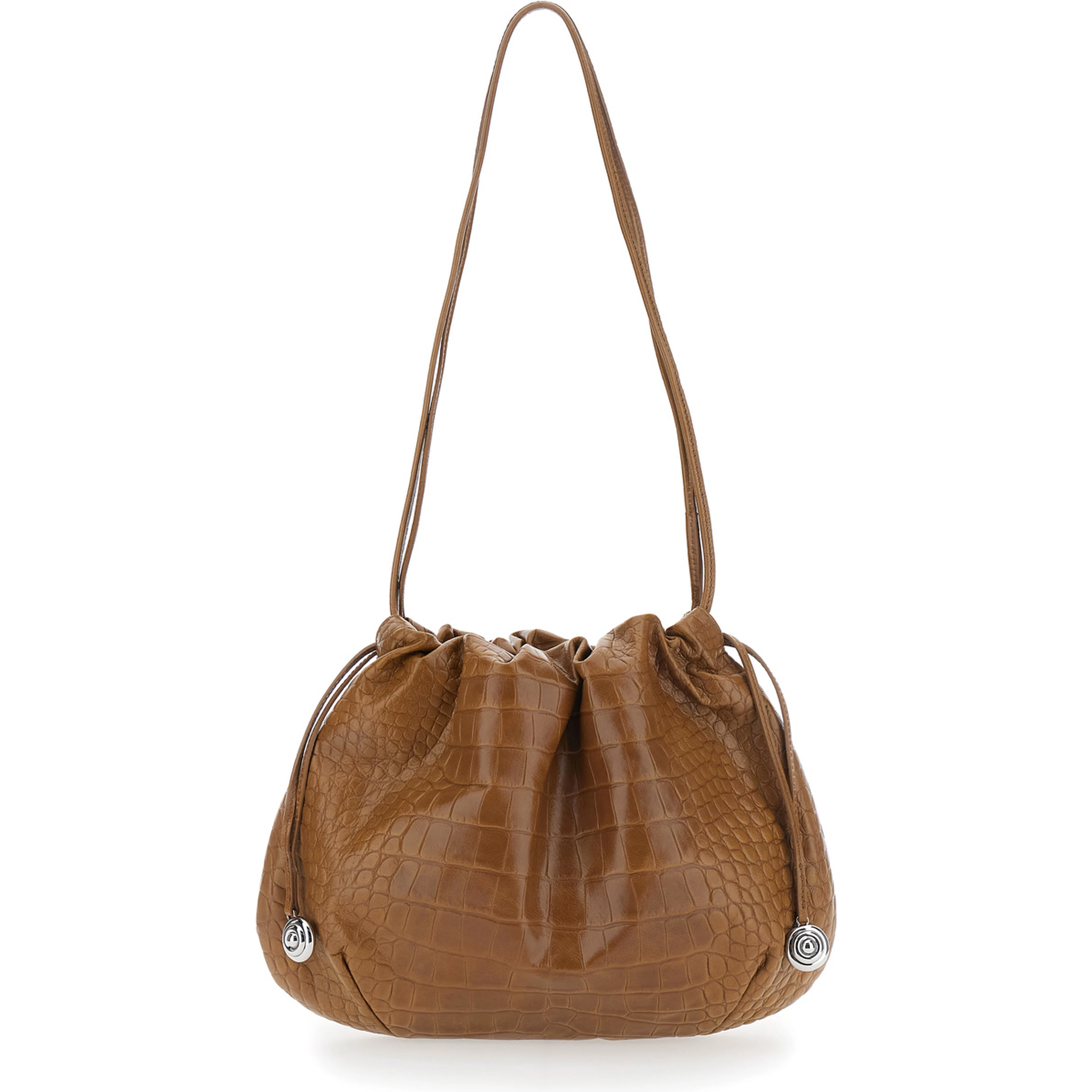 Brown Clutch with Charm and Drawstring Closure in Leather for Women