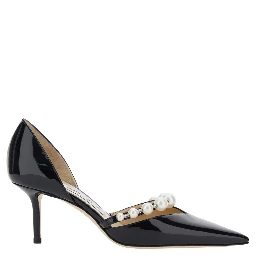 Pumps Aurelie with High Stiletto Heel and Pearl Decoration in Black Leather for Women