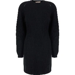 BlackCrew Neck Dress with Long Sleeves in Wool Blend for Women