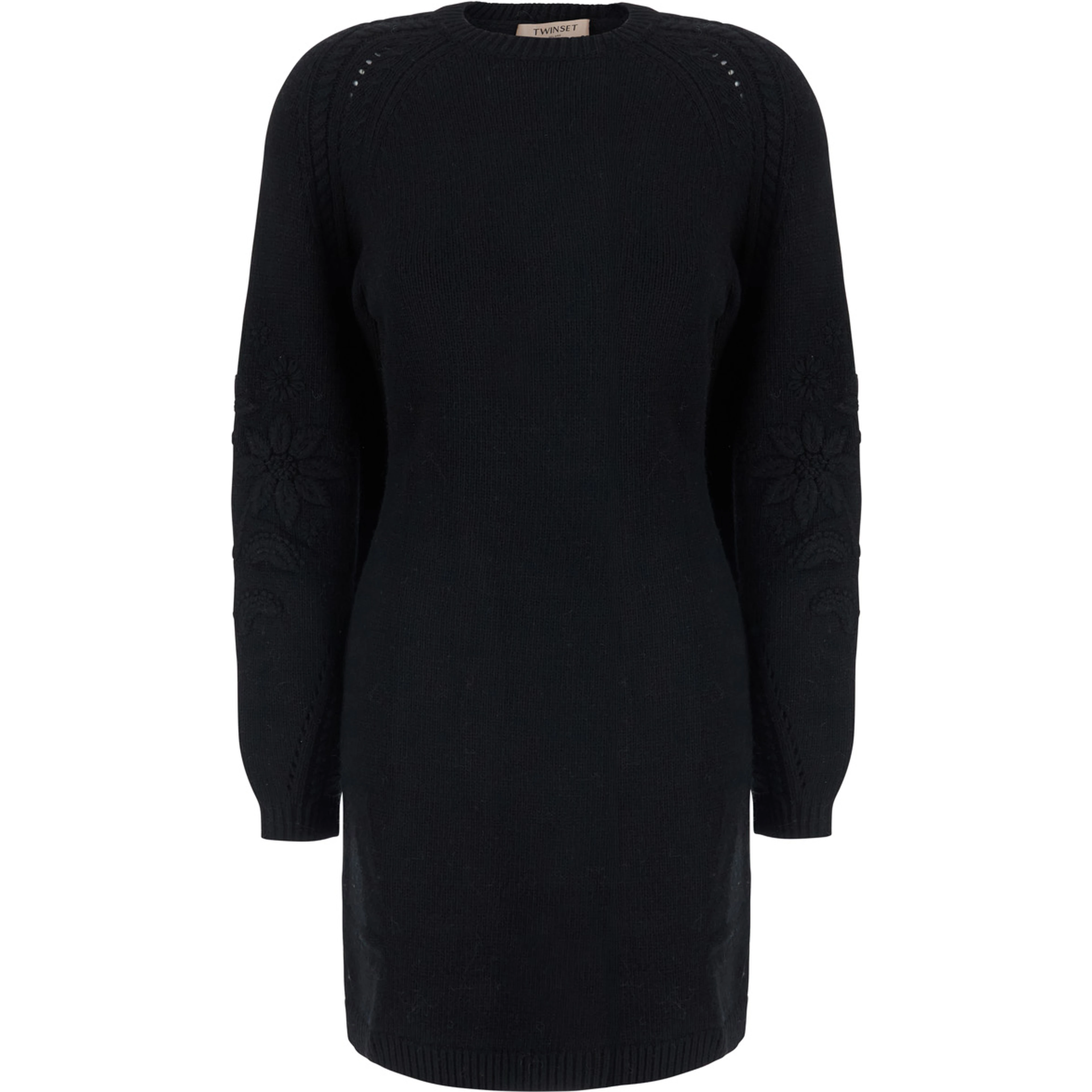 BlackCrew Neck Dress with Long Sleeves in Wool Blend for Women