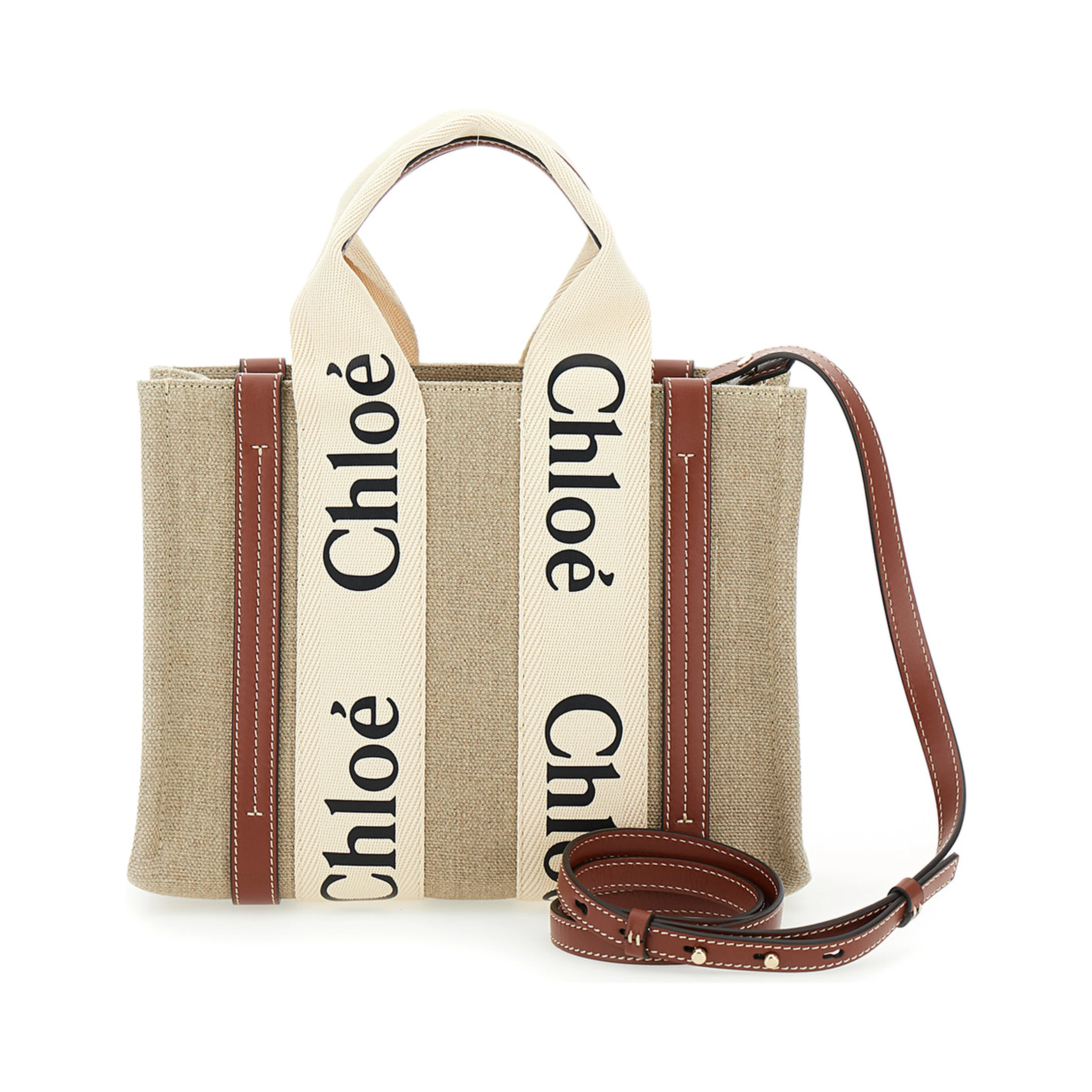 Tote bag Woody with Logoed Straps in Canvas and Leather Beige Woman