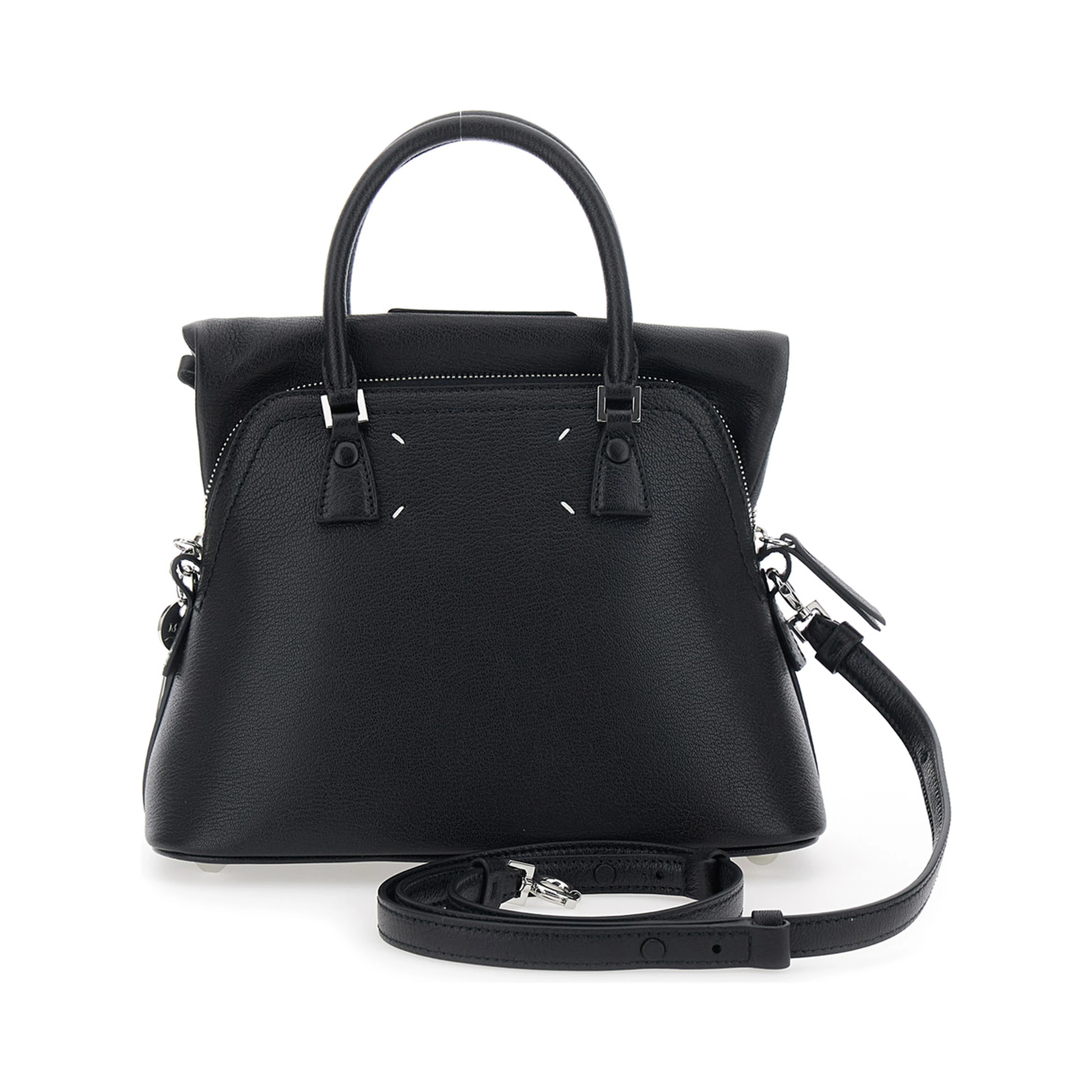 Handbag with applied logo patch and keys on the side in black leather for women