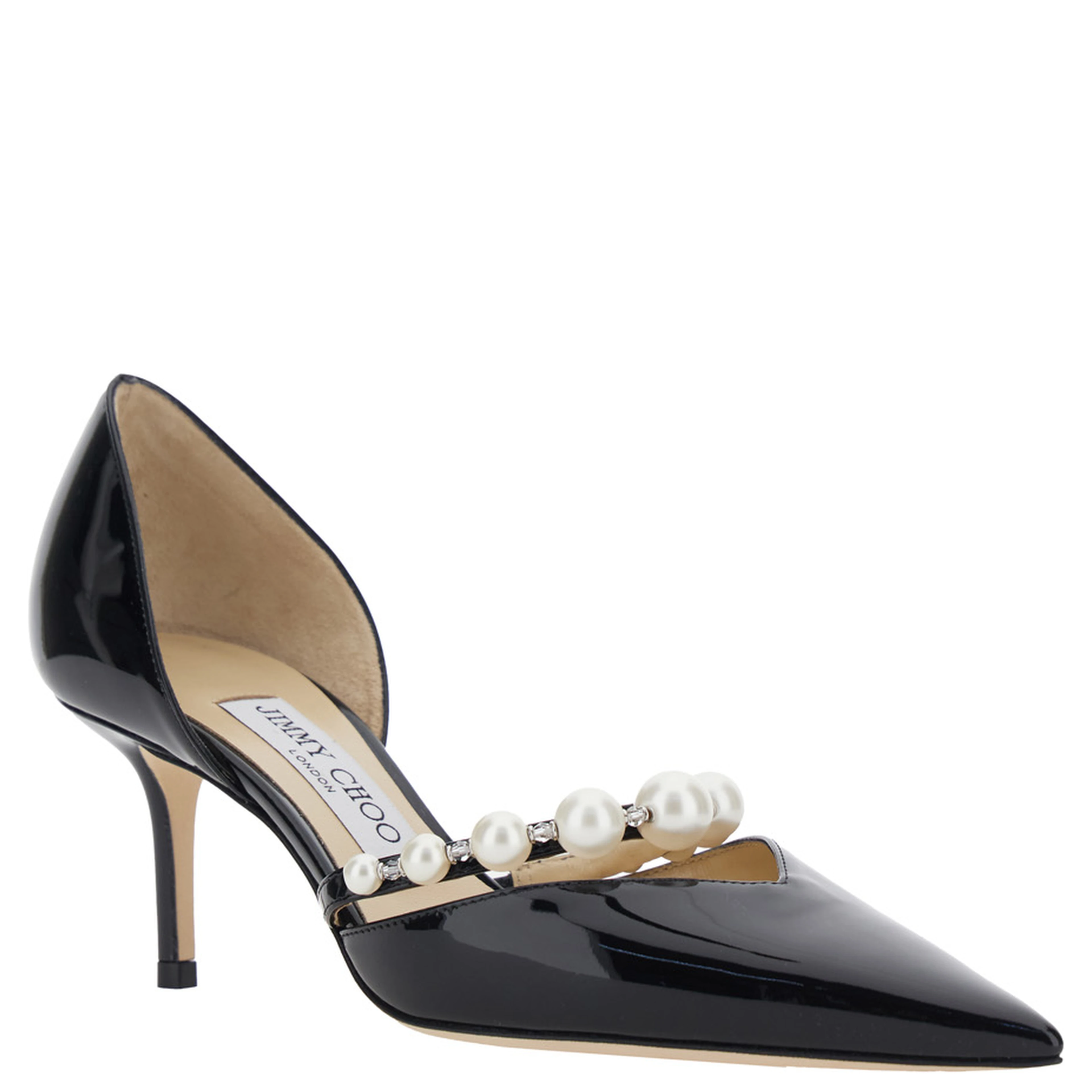 Pumps Aurelie with High Stiletto Heel and Pearl Decoration in Black Leather for Women