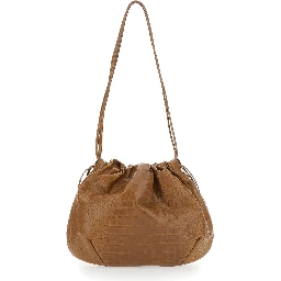 Brown Clutch with Charm and Drawstring Closure in Leather for Women