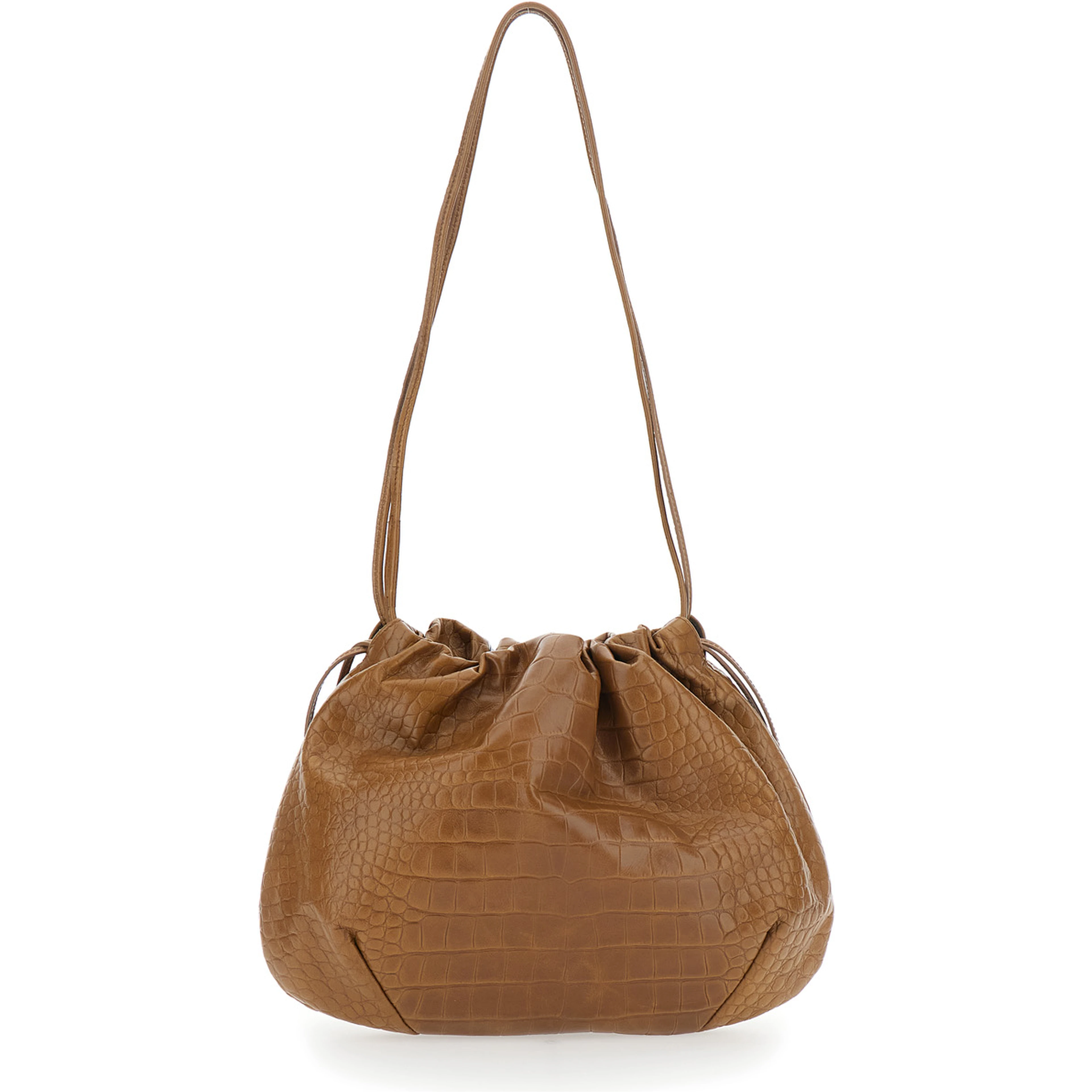 Brown Clutch with Charm and Drawstring Closure in Leather for Women