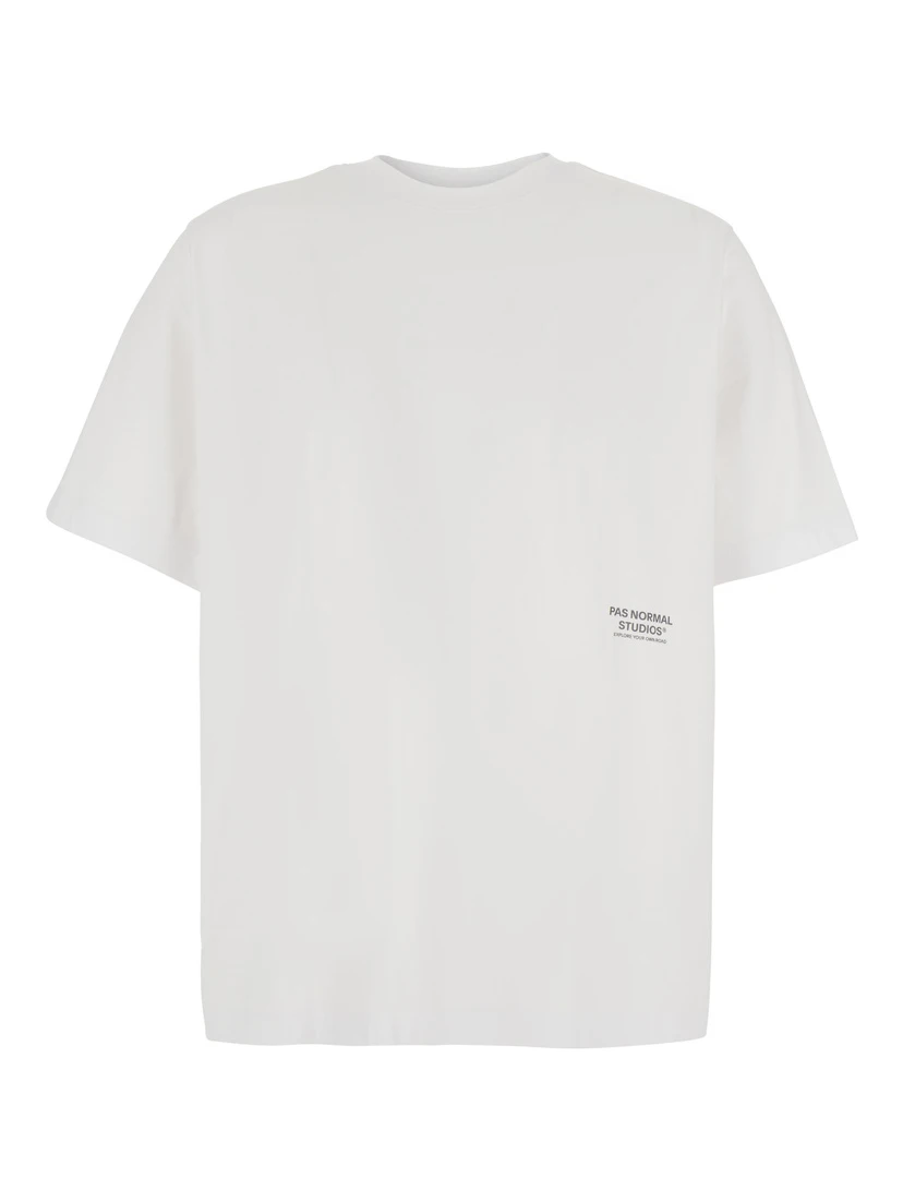 White Crew-neck T-shirt with logo lettering on the front in cotton for men