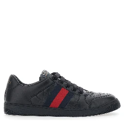 Sneaker Screener Low Top with Web Detail on the Side and GG Motif in Relief in Black Leather Men