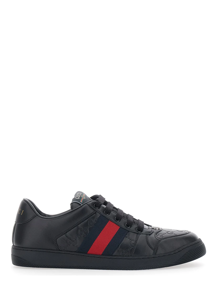 Sneaker Screener Low Top with Web Detail on the Side and GG Motif in Relief in Black Leather Men