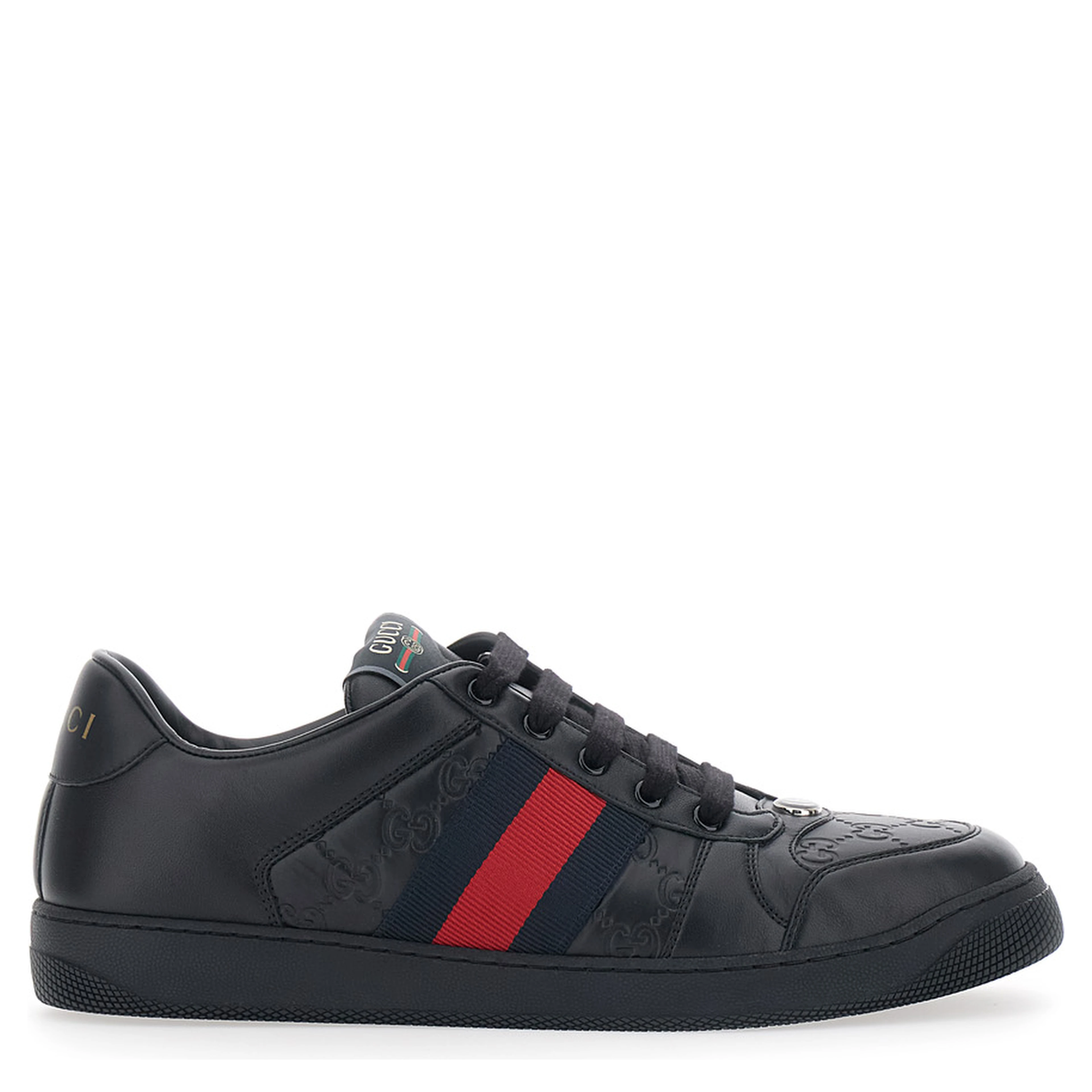 Sneaker Screener Low Top with Web Detail on the Side and GG Motif in Relief in Black Leather Men