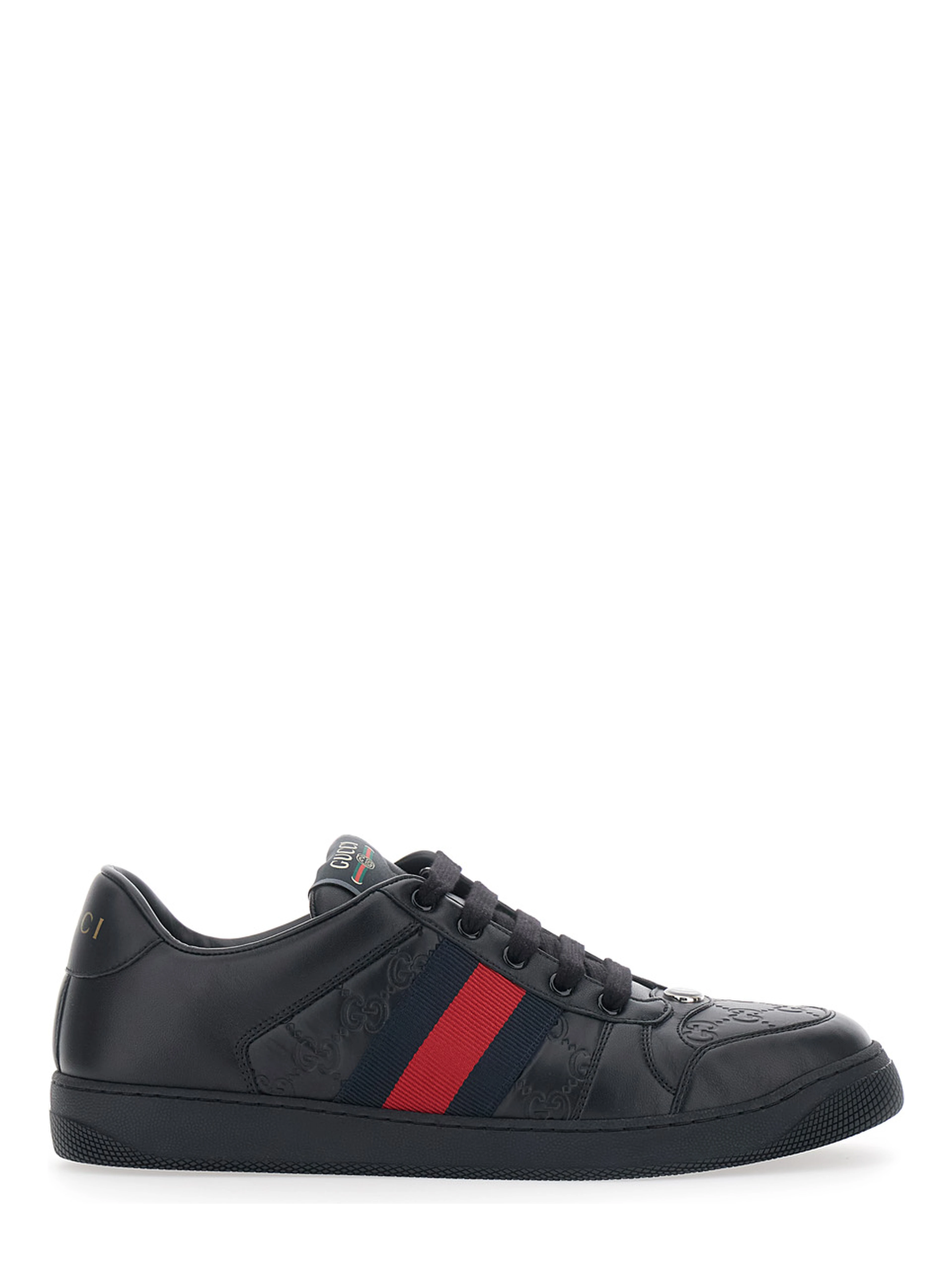 Sneaker Screener Low Top with Web Detail on the Side and GG Motif in Relief in Black Leather Men