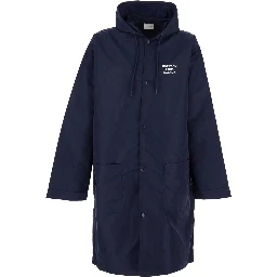 Jacket with fixed hood and slogan on the front and back in Tech Fabric blue men