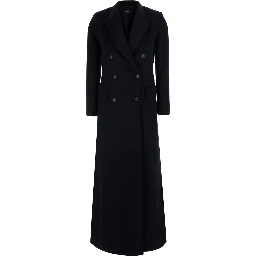 Black Long double-breasted coat with peak revers in  fabric for women