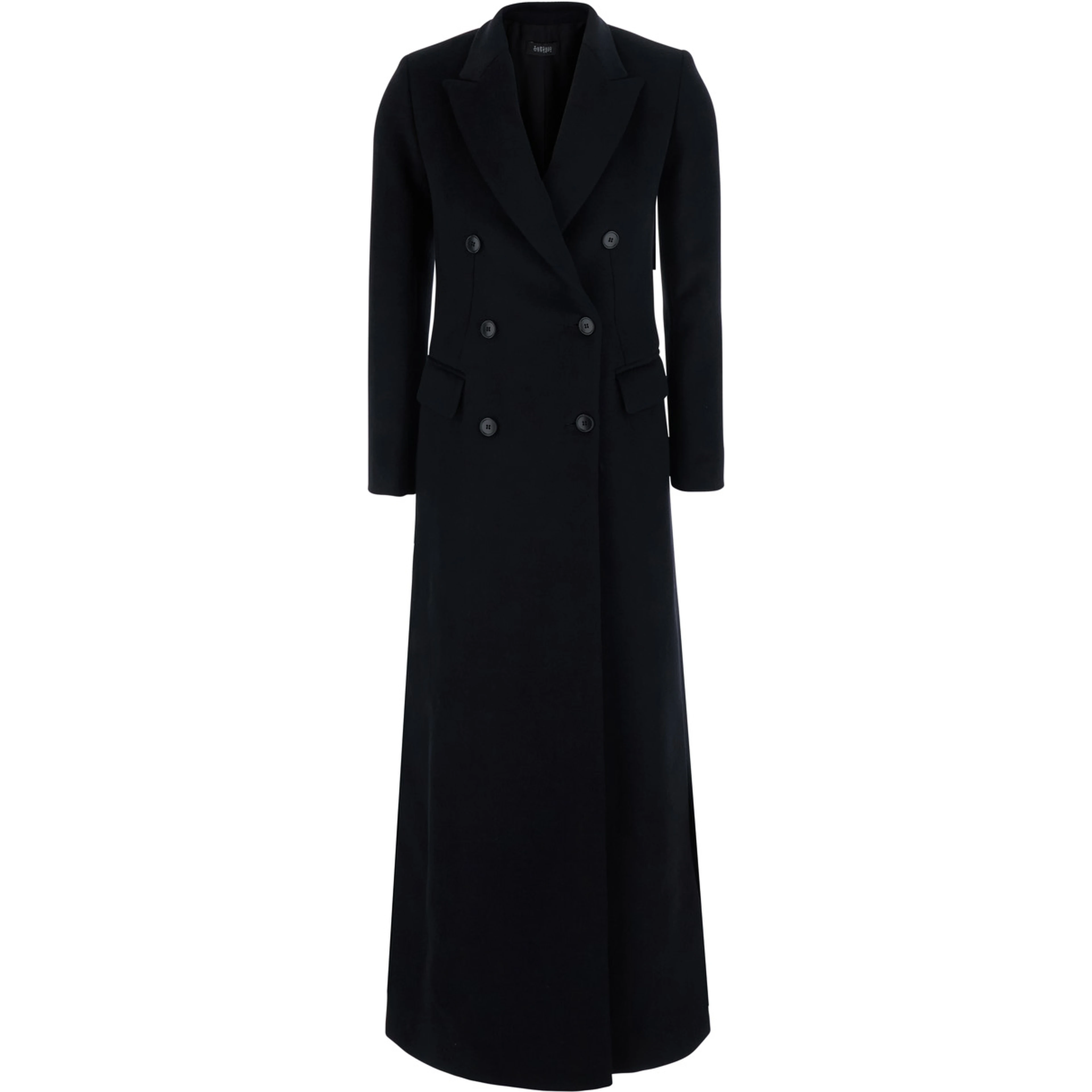 Black Long double-breasted coat with peak revers in  fabric for women