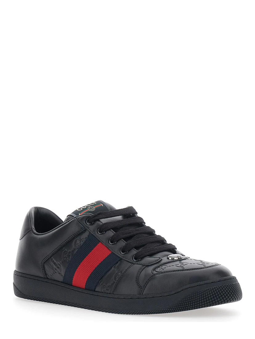 Sneaker Screener Low Top with Web Detail on the Side and GG Motif in Relief in Black Leather Men