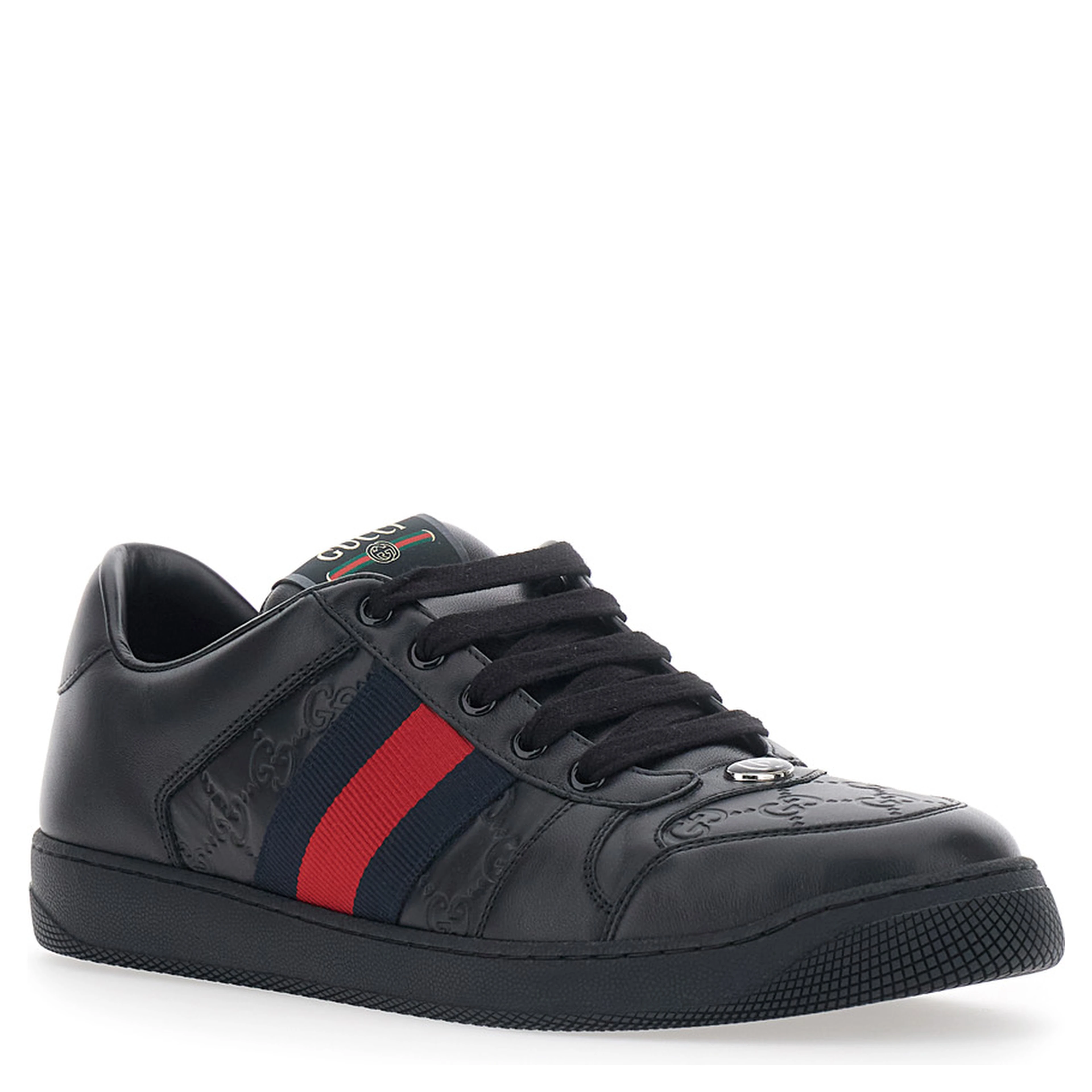 Sneaker Screener Low Top with Web Detail on the Side and GG Motif in Relief in Black Leather Men