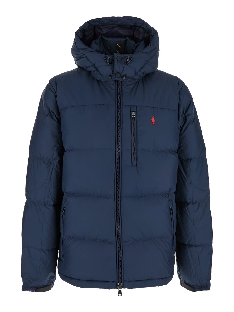 Down jacket Blue with Fixed Hood and Embroidered Pony Logo on Chest in Tech Fabric Men