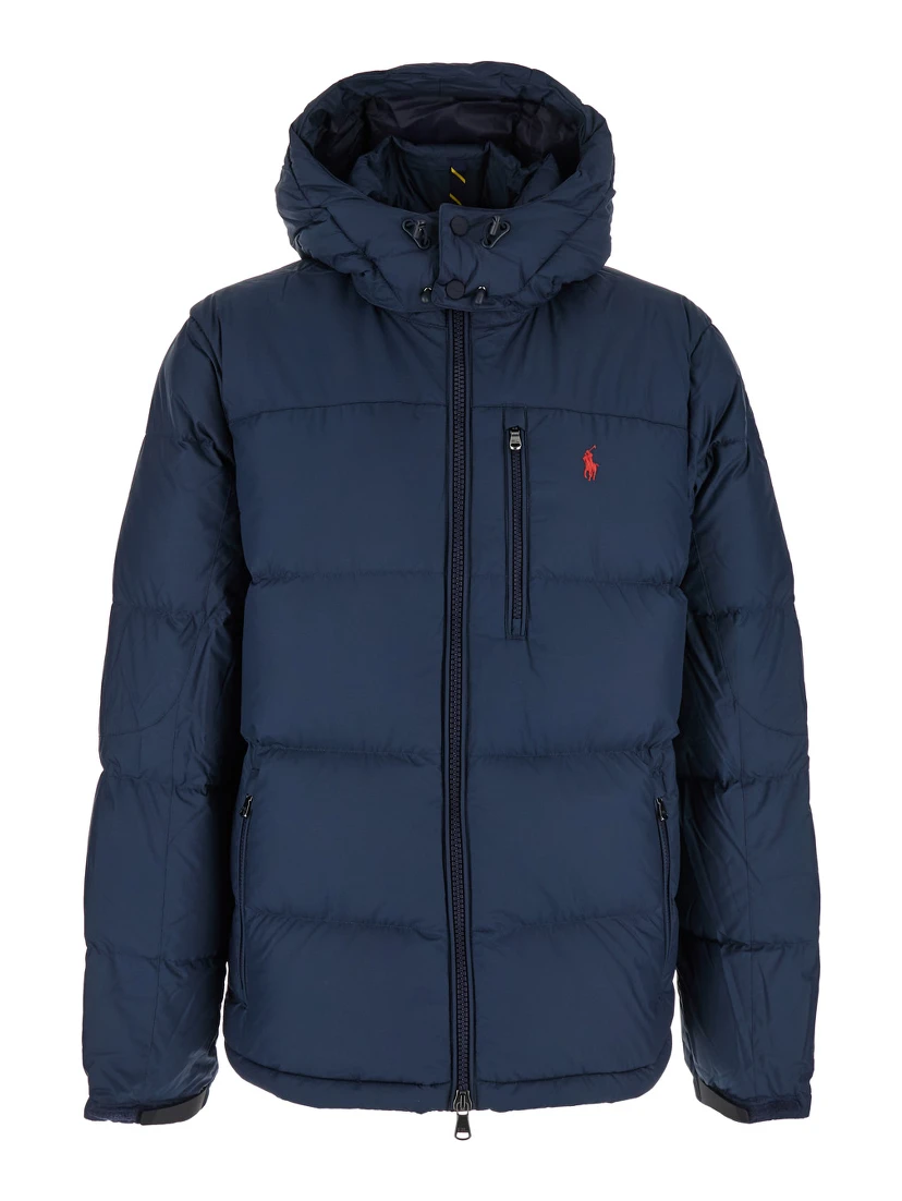 Down jacket Blue with Fixed Hood and Embroidered Pony Logo on Chest in Tech Fabric Men