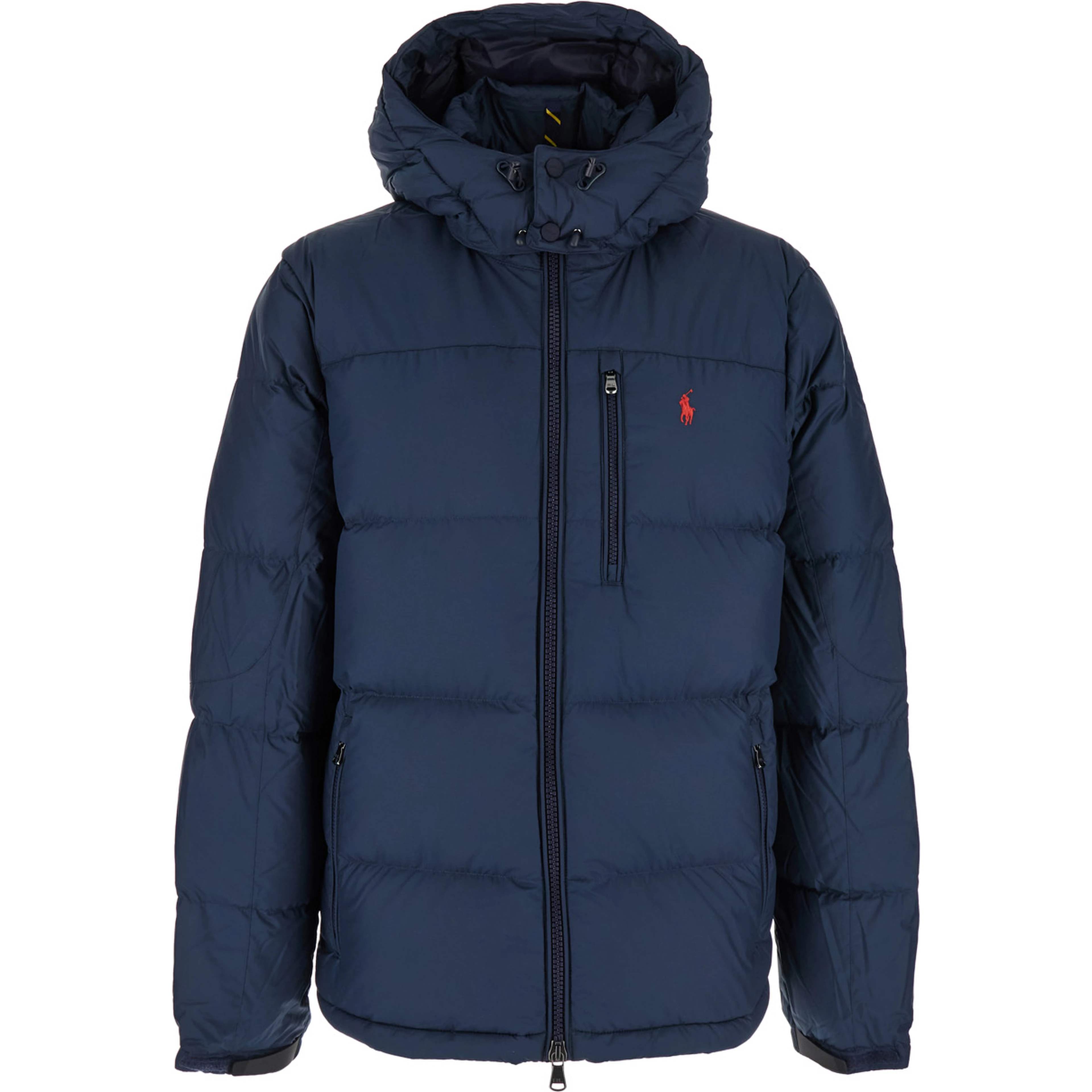 Down jacket Blue with Fixed Hood and Embroidered Pony Logo on Chest in Tech Fabric Men