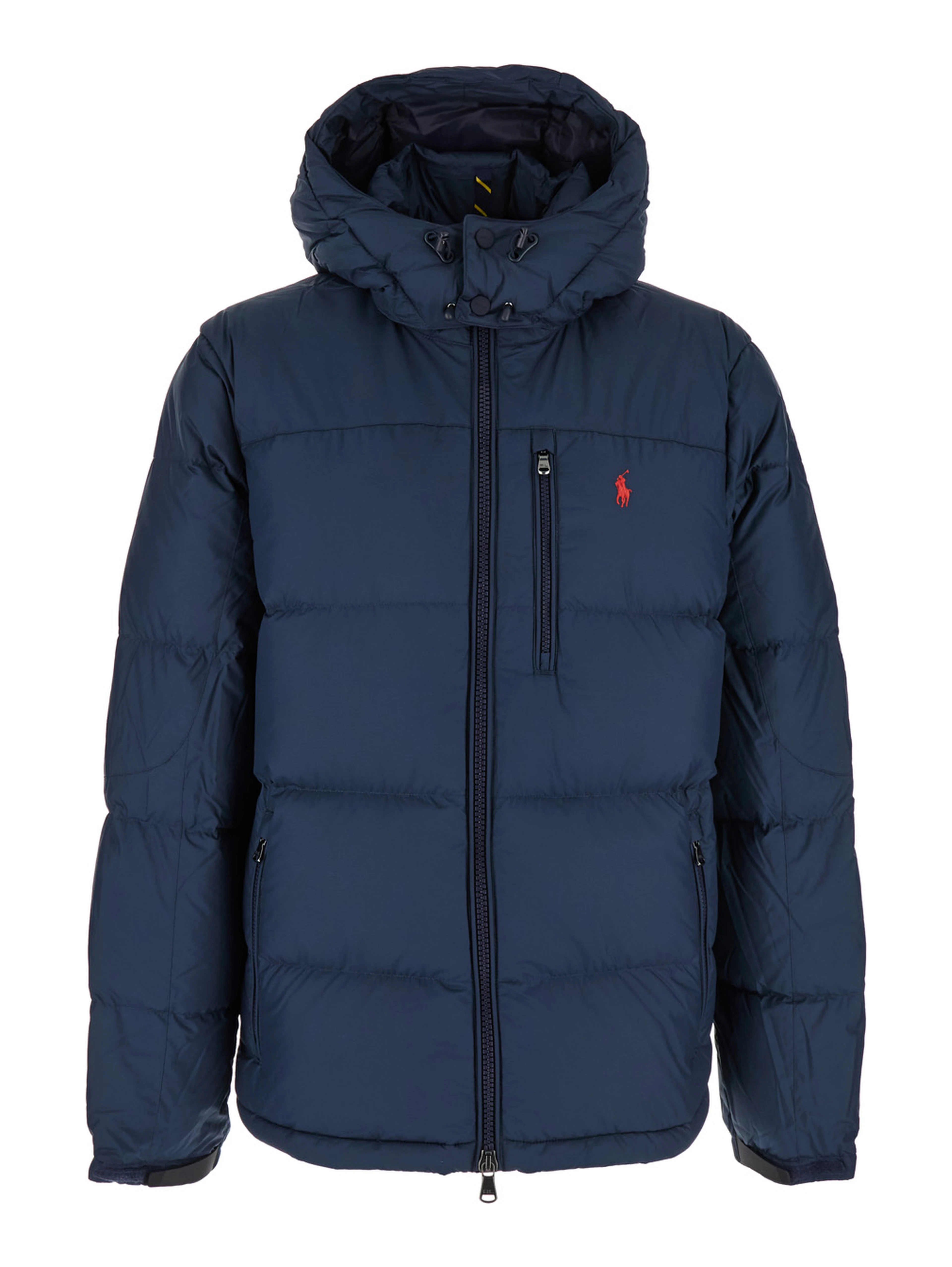 Down jacket Blue with Fixed Hood and Embroidered Pony Logo on Chest in Tech Fabric Men