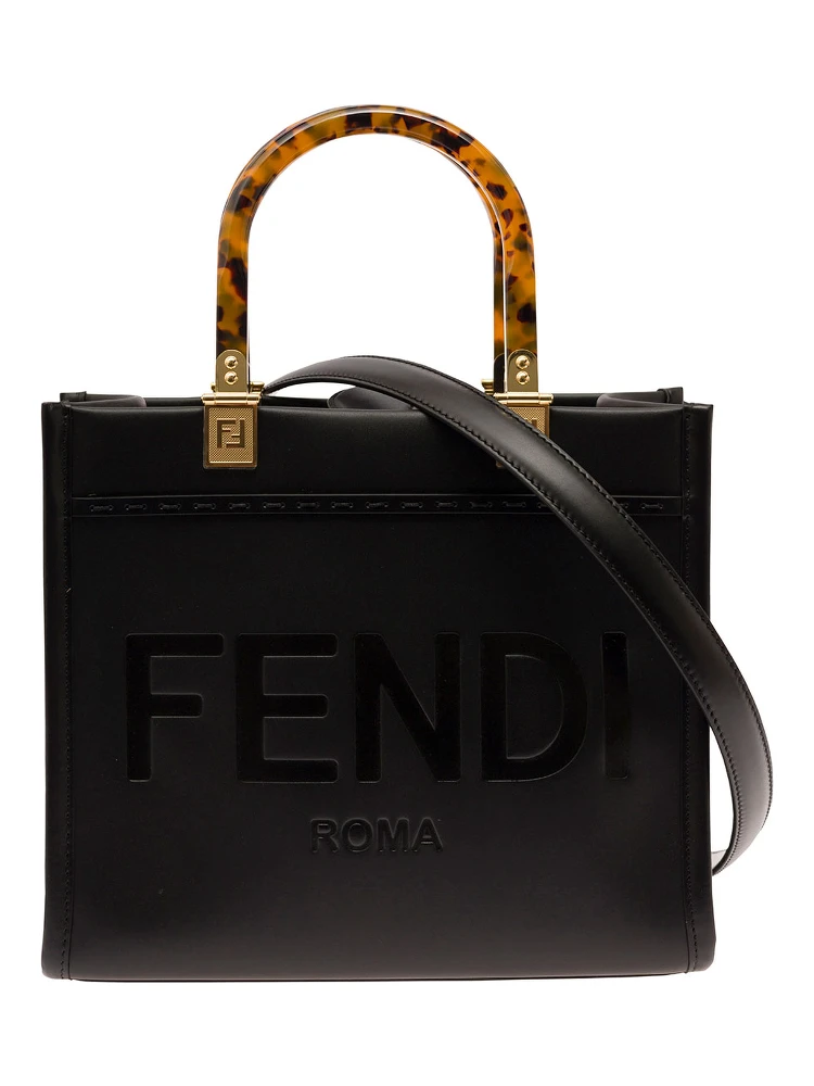 Tote Bag Sunshine Small with Embossed Logo and Tortoiseshell Effect Handle in Black Leather for Women