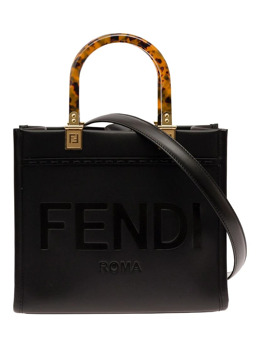 Tote Bag Sunshine Small with Embossed Logo and Tortoiseshell Effect Handle in Black Leather for Women